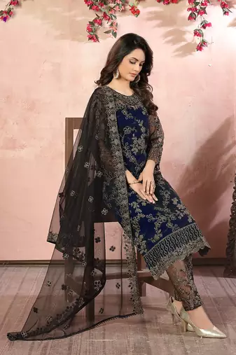 Blue embroidery net straight-suits