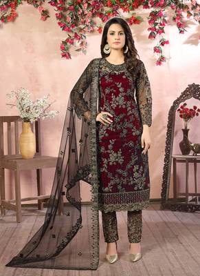 Maroon embroidery net straight-suits 1