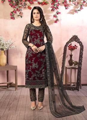 Maroon embroidery net straight-suits 2