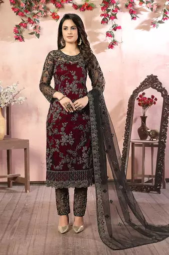 Maroon embroidery net straight-suits