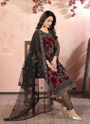 Maroon embroidery net straight-suits 3