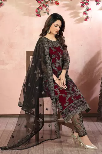 Maroon embroidery net straight-suits
