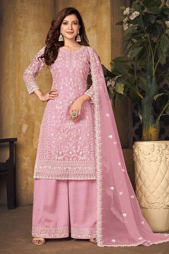 Pink embroidery net palazzo-suits