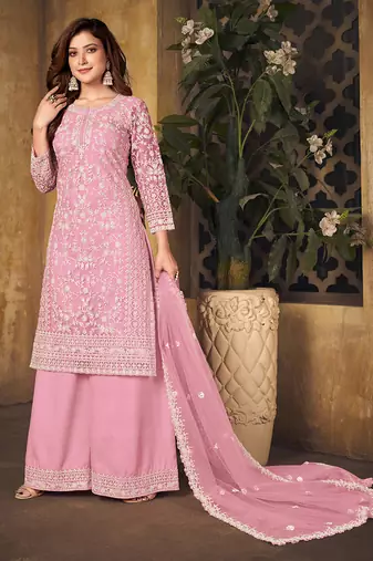 Pink embroidery net palazzo-suits