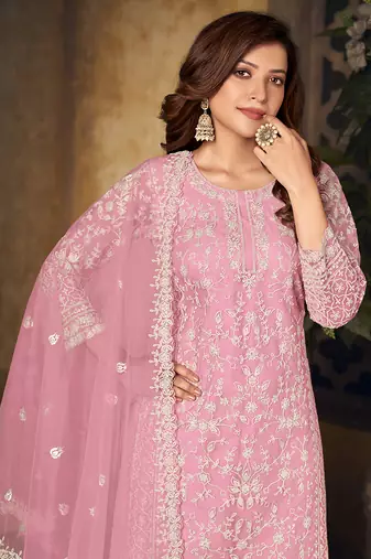 Pink embroidery net palazzo-suits