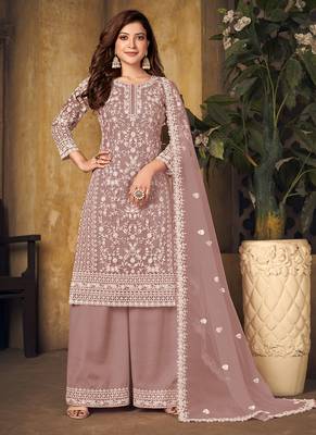 Pink rose embroidery net palazzo-suits 1