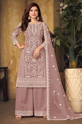 Pink rose embroidery net palazzo-suits