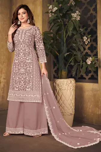 Pink rose embroidery net palazzo-suits