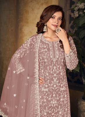 Pink rose embroidery net palazzo-suits 3