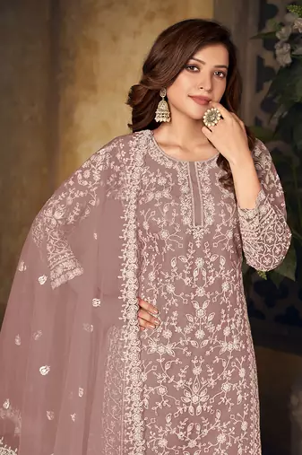 Pink rose embroidery net palazzo-suits