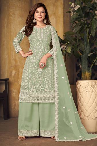 Light green embroidery net palazzo-suits