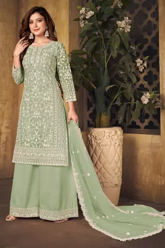 Light green embroidery net palazzo-suits