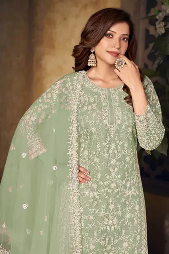 Light green embroidery net palazzo-suits