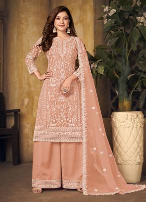 Peach embroidery net palazzo-suits 1
