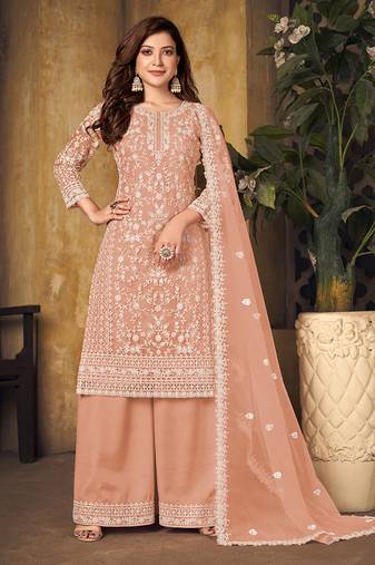 Peach embroidery net palazzo-suits