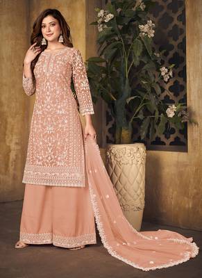 Peach embroidery net palazzo-suits 2