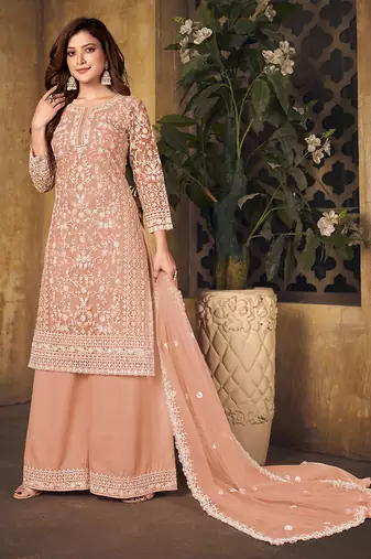 Peach embroidery net palazzo-suits