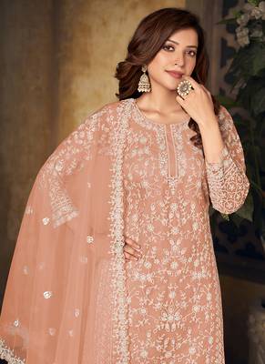 Peach embroidery net palazzo-suits 3