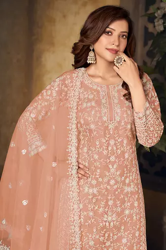 Peach embroidery net palazzo-suits