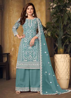 Sea green embroidery net palazzo-suits 1