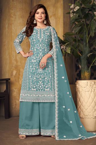 Sea green embroidery net palazzo-suits