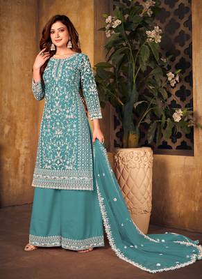 Sea green embroidery net palazzo-suits 2