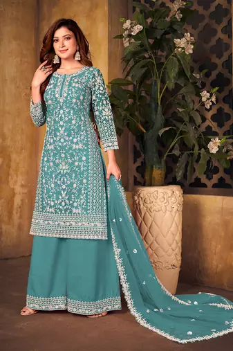 Sea green embroidery net palazzo-suits
