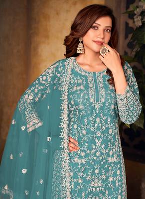 Sea green embroidery net palazzo-suits 3
