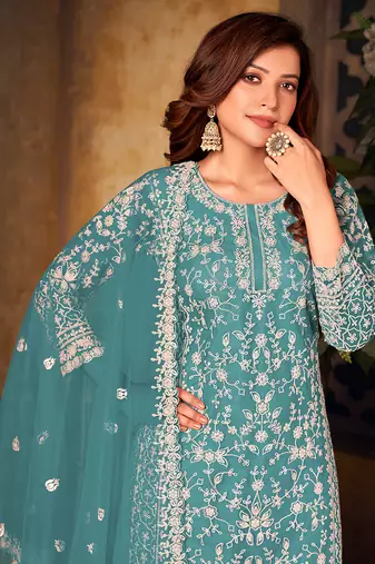 Sea green embroidery net palazzo-suits