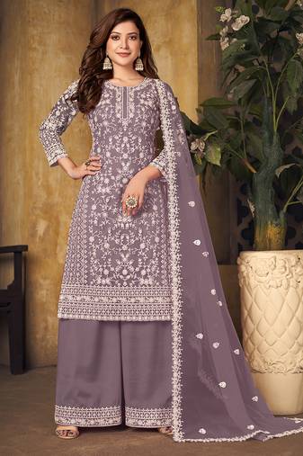 Lavender embroidery net palazzo-suits