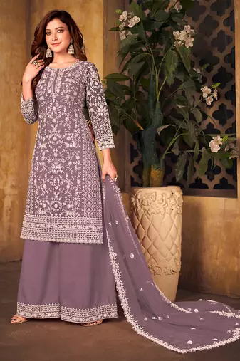 Lavender embroidery net palazzo-suits