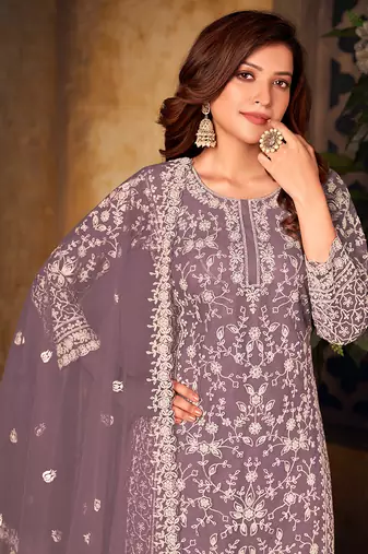Lavender embroidery net palazzo-suits