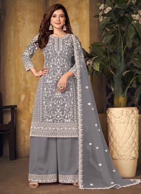Grey embroidery net palazzo-suits 1