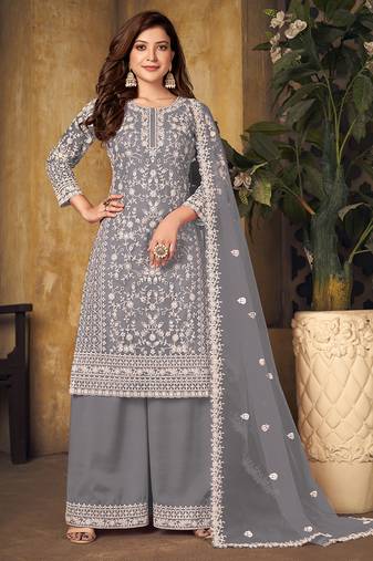 Grey embroidery net palazzo-suits
