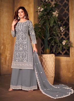 Grey embroidery net palazzo-suits 2