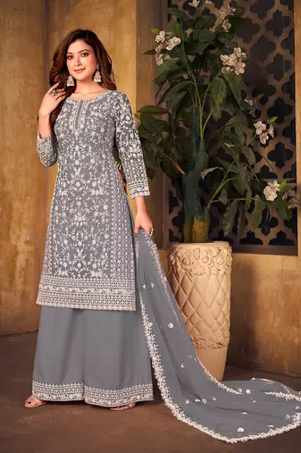 Grey embroidery net palazzo-suits