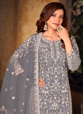 Grey embroidery net palazzo-suits 3