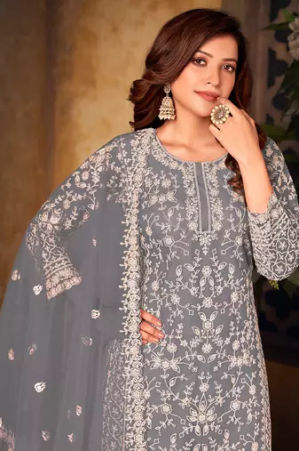 Grey embroidery net palazzo-suits