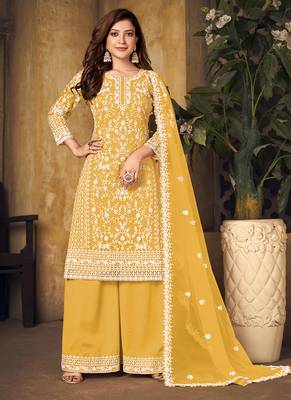 Yellow embroidery net palazzo-suits 1