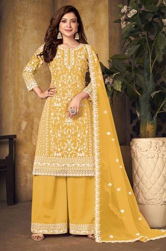 Yellow embroidery net palazzo-suits