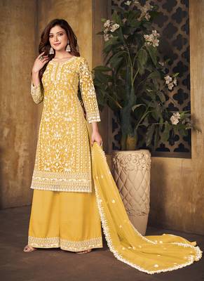 Yellow embroidery net palazzo-suits 2