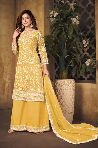 Yellow embroidery net palazzo-suits