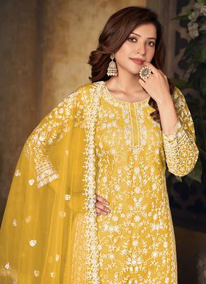Yellow embroidery net palazzo-suits 3