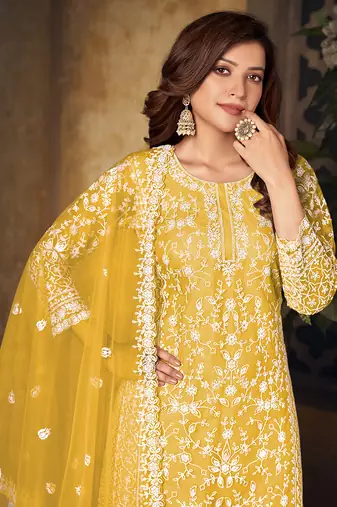 Yellow embroidery net palazzo-suits