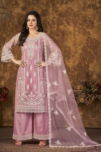 Pink embroidery net palazzo-suits