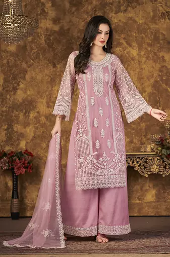 Pink embroidery net palazzo-suits