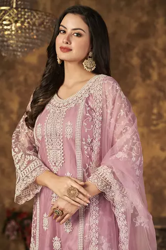 Pink embroidery net palazzo-suits