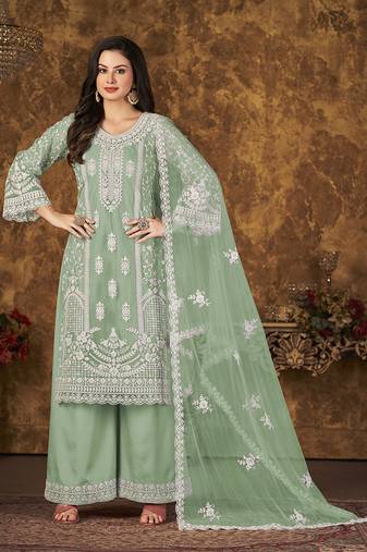 Light green embroidery net palazzo-suits
