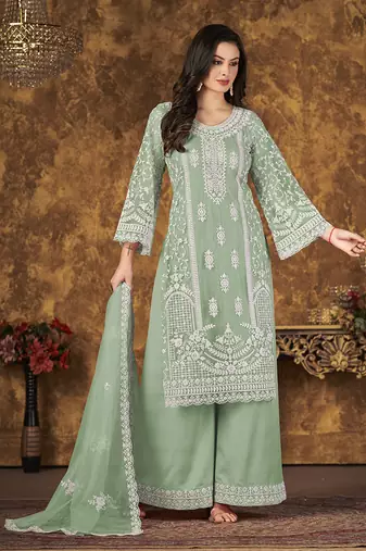 Light green embroidery net palazzo-suits