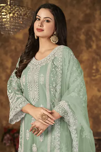 Light green embroidery net palazzo-suits